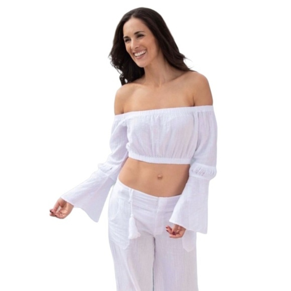 Cotton Natural Pima Off-Shoulder White Blouse with Flared Sleeves